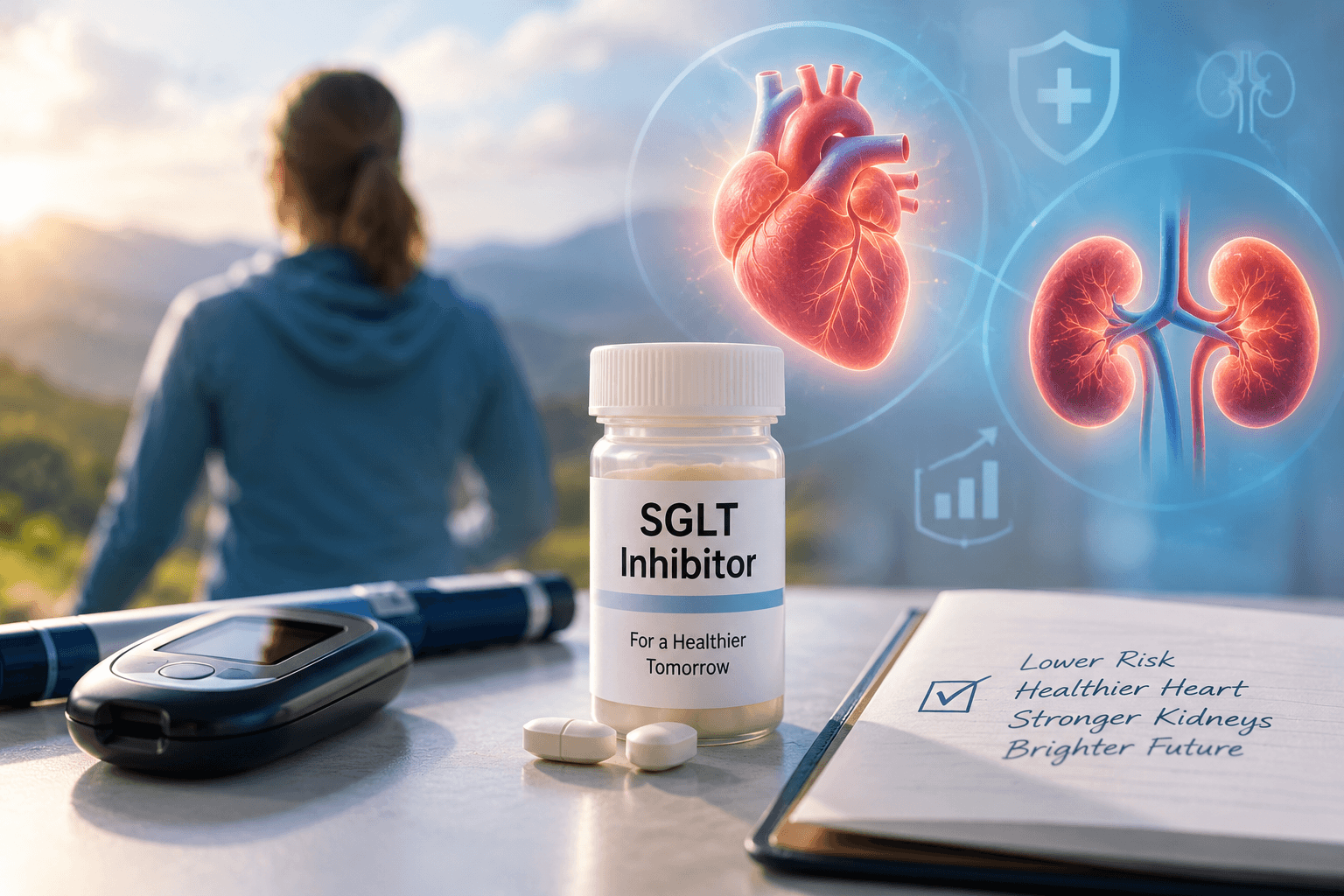 SGLT inhibitor medication with glucose monitoring supplies and heart and kidney imagery representing potential cardiorenal benefits in type 1 diabetes.