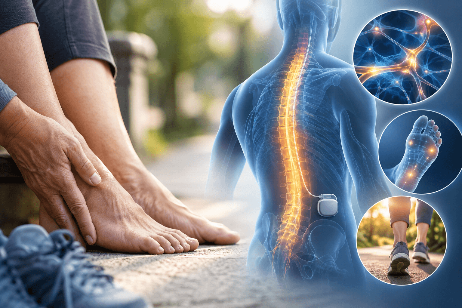 Medical illustration of spinal cord stimulation for diabetic neuropathy showing nerve pathways, foot sensation, and an implanted stimulator.