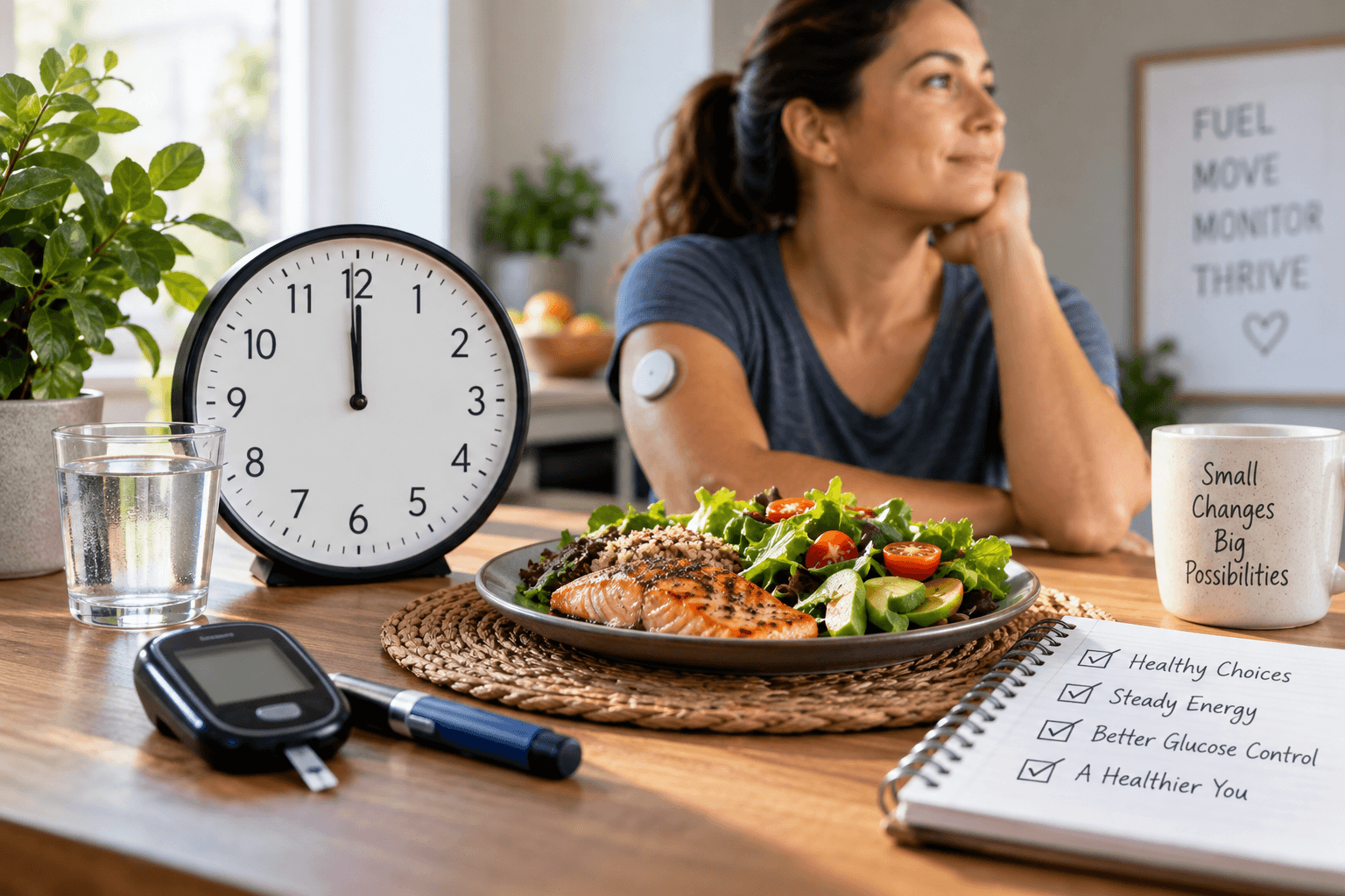 Adult with type 1 diabetes wearing a continuous glucose monitor beside a healthy meal, glucose meter, and clock representing time-restricted eating.