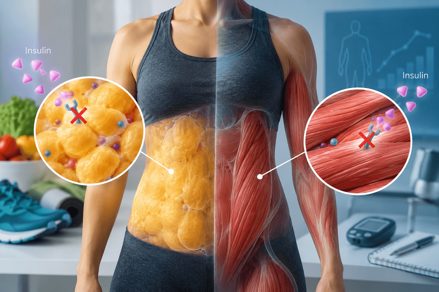 Medical illustration comparing tissue-specific insulin resistance in adipose tissue and skeletal muscle and their different responses to insulin.