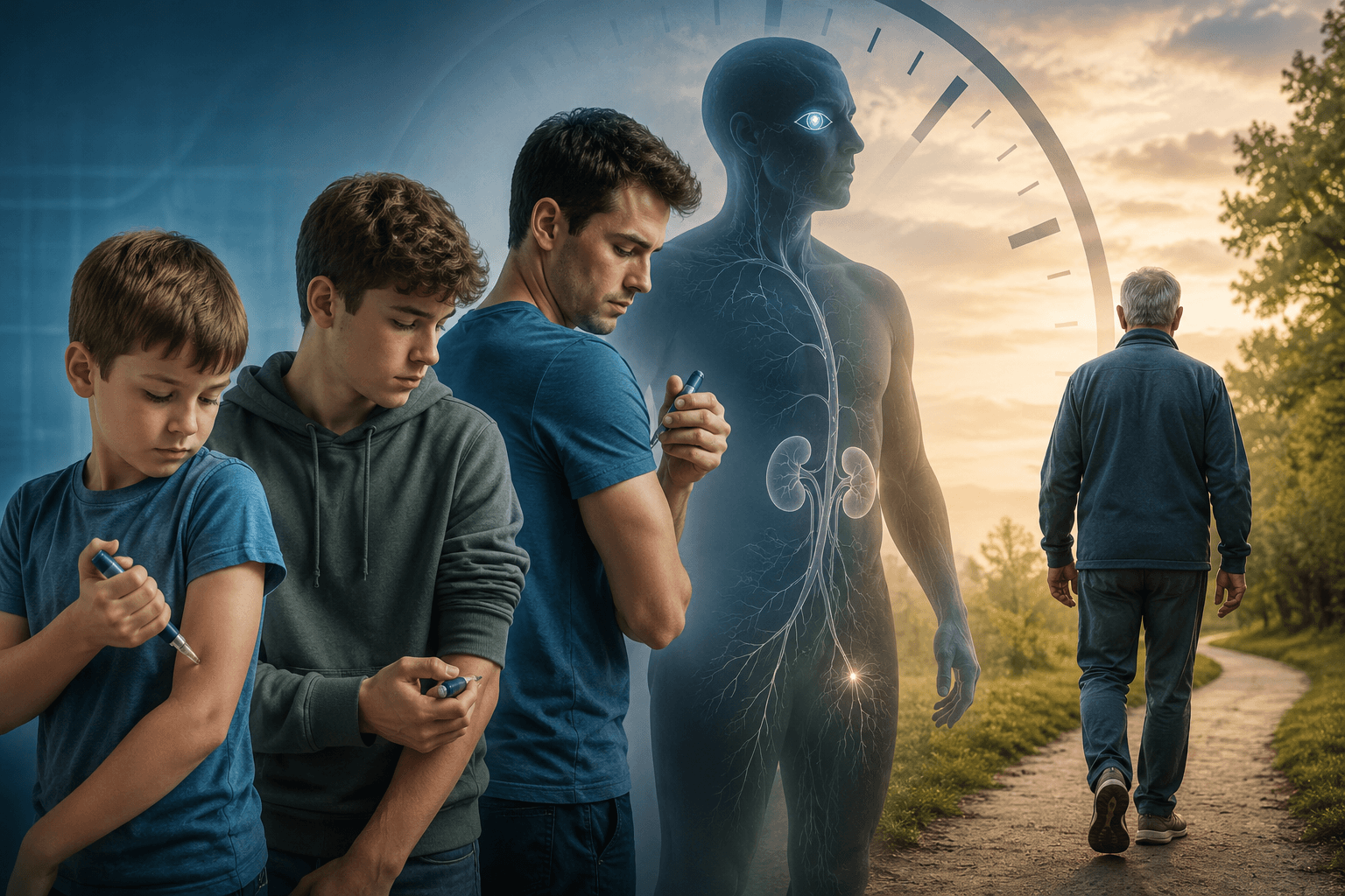 Child, teenager, and adult with type 1 diabetes illustrating how age at onset may relate to long-term complication risks.