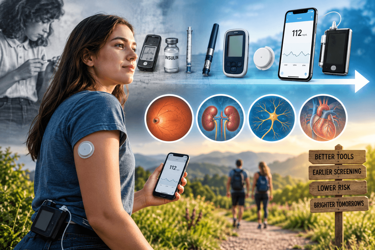 Person with type 1 diabetes using modern glucose monitoring technology, illustrating advances in care and long-term complication prevention.