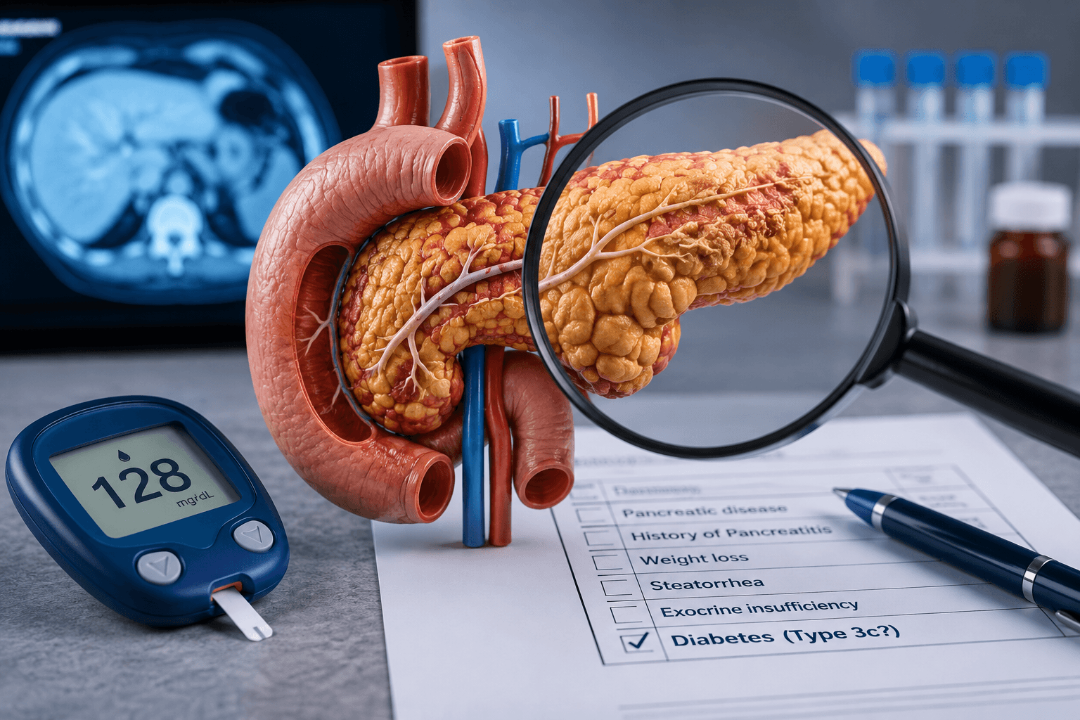 Pancreas model, glucose meter, and clinical assessment representing type 3c diabetes diagnosis and pancreatogenic diabetes.