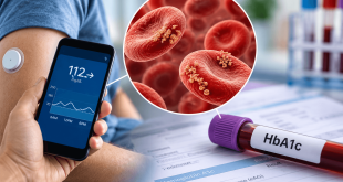 Red blood cells, an HbA1c blood sample, and continuous glucose monitoring illustrating how red blood cell biology can influence A1C results.