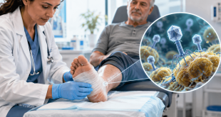 Healthcare professional treating a patient's bandaged diabetic foot, with a magnified illustration of bacteriophages targeting bacteria to represent experimental phage therapy.