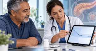 Doctor discussing improving blood glucose levels with an adult patient during a type 2 diabetes consultation.