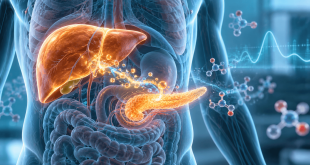 Medical illustration showing the liver and pancreas connected by molecular signaling pathways, highlighting CA8's potential role in type 2 diabetes and blood glucose regulation.