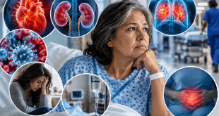 Older woman hospitalized with diabetes, surrounded by medical visuals representing heart disease, kidney complications, respiratory illness, infections, mental health, and other causes of hospitalization.