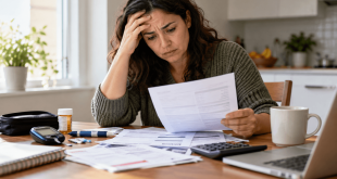 Woman with diabetes reviewing medical bills and insurance paperwork beside a glucose meter and medications, highlighting rising out-of-pocket healthcare costs.