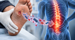 Medical illustration showing a diabetic foot ulcer and possible bloodstream spread to a spinal infection.