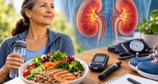 Woman managing type 2 diabetes through healthy eating, exercise, glucose monitoring, and hydration, with a medical illustration of the kidneys highlighting kidney health.