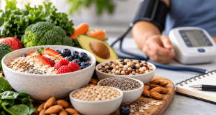 High-fiber foods including oats, berries, beans, nuts, seeds, and vegetables beside a blood pressure monitor for diabetes and hypertension management.