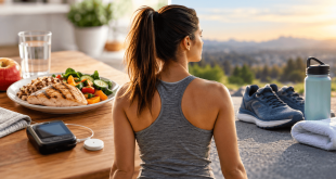 Woman with type 1 diabetes considering meal and exercise timing while using glucose monitoring technology
