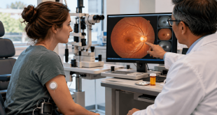 Ophthalmologist reviewing retinal images with a patient with type 1 diabetes wearing a glucose monitor, illustrating research on fenofibrate and diabetic retinopathy.