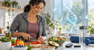 Woman preparing a healthy meal with exercise equipment and a DNA graphic representing genetic risk for type 2 diabetes and lifestyle prevention.