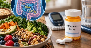 High-fiber foods including vegetables, legumes, grains, and berries beside a metformin bottle and glucose meter, illustrating dietary and medication approaches to type 2 diabetes.