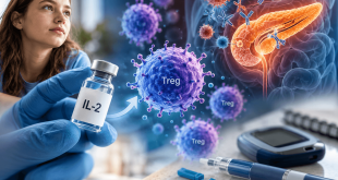 Medical illustration showing IL-2 therapy activating regulatory T cells alongside the pancreas, representing the DIABIL-2 trial in type 1 diabetes.