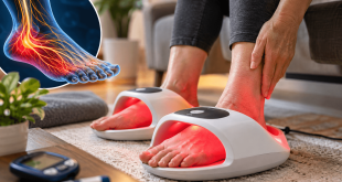 Patient receiving red light laser therapy on both feet for diabetic neuropathy pain relief, with an illustration highlighting affected foot nerves.