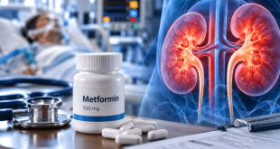 Metformin medication bottle beside a medical illustration of the kidneys, with a critically ill patient in an ICU, highlighting research on metformin and acute kidney injury.