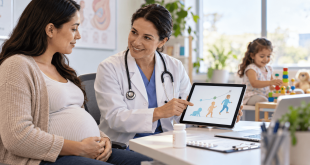 Pregnant woman consulting a healthcare professional about metformin use during pregnancy and long-term child development outcomes.
