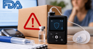 MiniMed Flex insulin pump with diabetes supplies, FDA recall information, and a warning symbol highlighting potential insulin delivery risks.