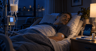 Patient receiving overnight parenteral nutrition through an IV infusion while a continuous glucose monitor tracks blood sugar levels for insulin management.