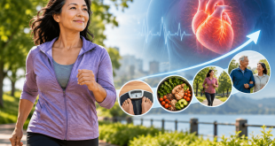 Middle-aged woman walking outdoors with heart health imagery illustrating the potential long-term cardiovascular benefits of early weight loss in prediabetes.