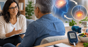 Patient with type 2 diabetes discussing mental health and blood sugar management with a therapist