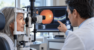 Ophthalmologist examining a patient with diabetic macular edema using retinal imaging technology to evaluate eye health and treatment options.