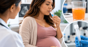 Pregnant woman undergoing a noninvasive saliva test for gestational diabetes screening, with a glucose drink and laboratory sample illustrating diagnostic research.