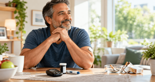 Man with type 2 diabetes wearing a glucose monitor, sitting beside diabetes testing supplies and discarded cigarettes, representing smoking cessation.