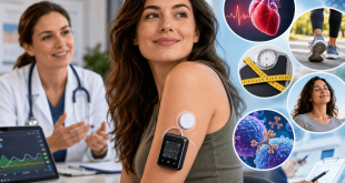 Adult with type 1 diabetes wearing a continuous glucose monitor while discussing updated diabetes care with a clinician.
